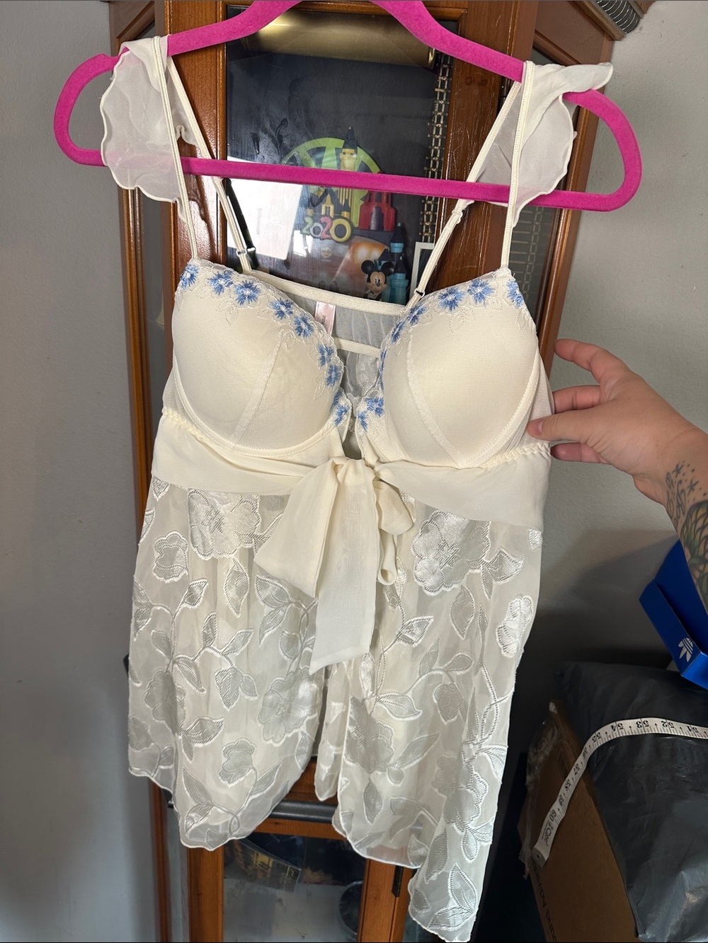 Ivory Floral Lace Babydoll Chemise with Blue Embroidered Cups